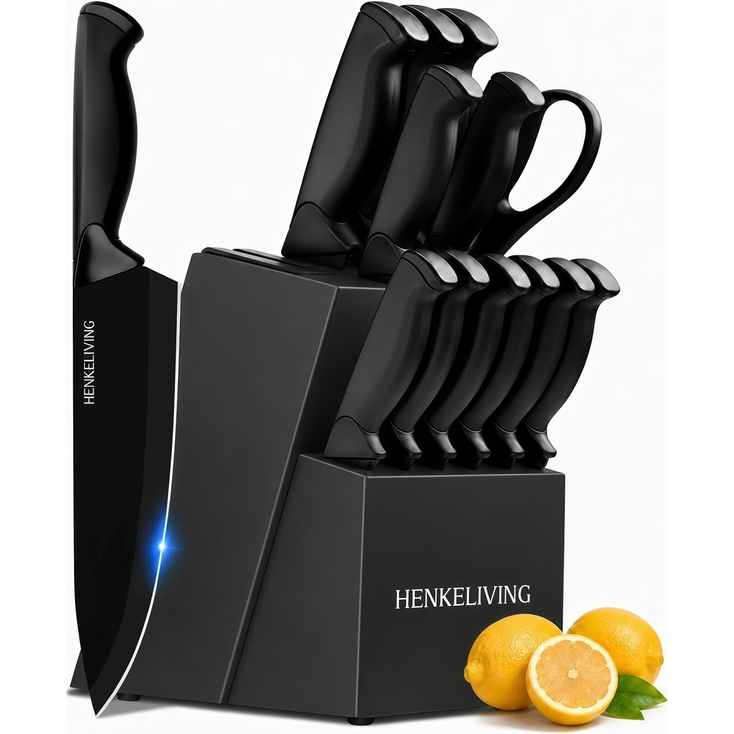 14-Piece Black Kitchen Knife Block Set With Built-In Sharpener | German High-Carbon Stainless Steel Blades, Dishwasher Safe, Ultra-Sharp Edges, Ergonomic Non-Slip Handles