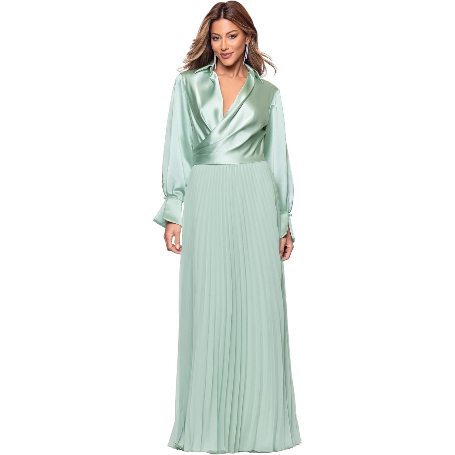 Xscape Women'S Satin Surplice Neck Long Sleeve Floor Length Dress