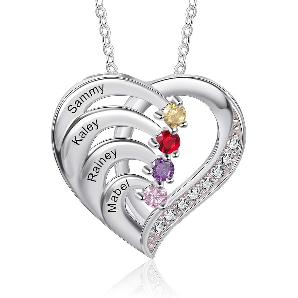 925 Sterling Silver Mother Necklace with 3-4 Simulated Birthstones Personalized Women's Promise Necklace Engraved Names Family Anniversary Jewelry for Grandma