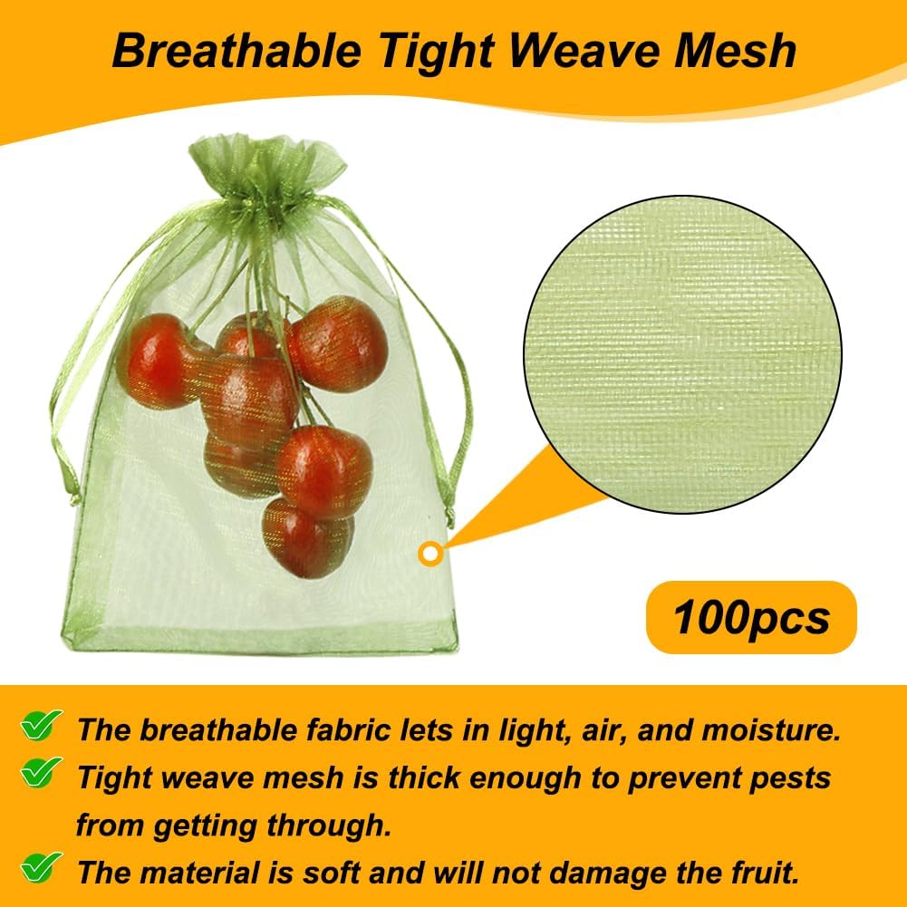 100Pcs Fruit Protection Bags, 4X6 Inch Green Strawberry Netting Cover Drawstring Mesh Bags Pest Barrier For Blueberry Small Fruit