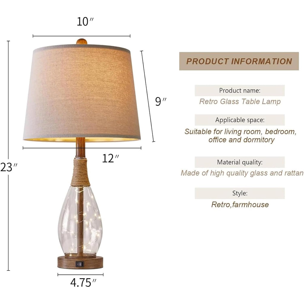 Bedside Table Lamps Set Of 2 With Usb & Faily Night Lights, Farmhouse Boho Bedroom Lamps With Rattan, Night Stand  Glass Table Lamps For End Side Table, Bulbs Included