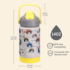 Rockpapa 14 Oz Kids Insulated Water Bottle，Stainless Steel Toddler Cups With Straws, Bpa Free, Leak-Proof, Kids Water Bottle For School Boys& Girls (Grey Trucks)