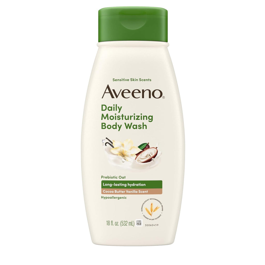 Aveeno Daily Moisturizing Body Wash With A Cocoa Butter Vanilla Scent & Soothing Prebiotic Oat, Provides Long-Lasting Hydration For Sensitive Skin, Hypoallergenic, Paraben-Free, 18 Fl. Oz