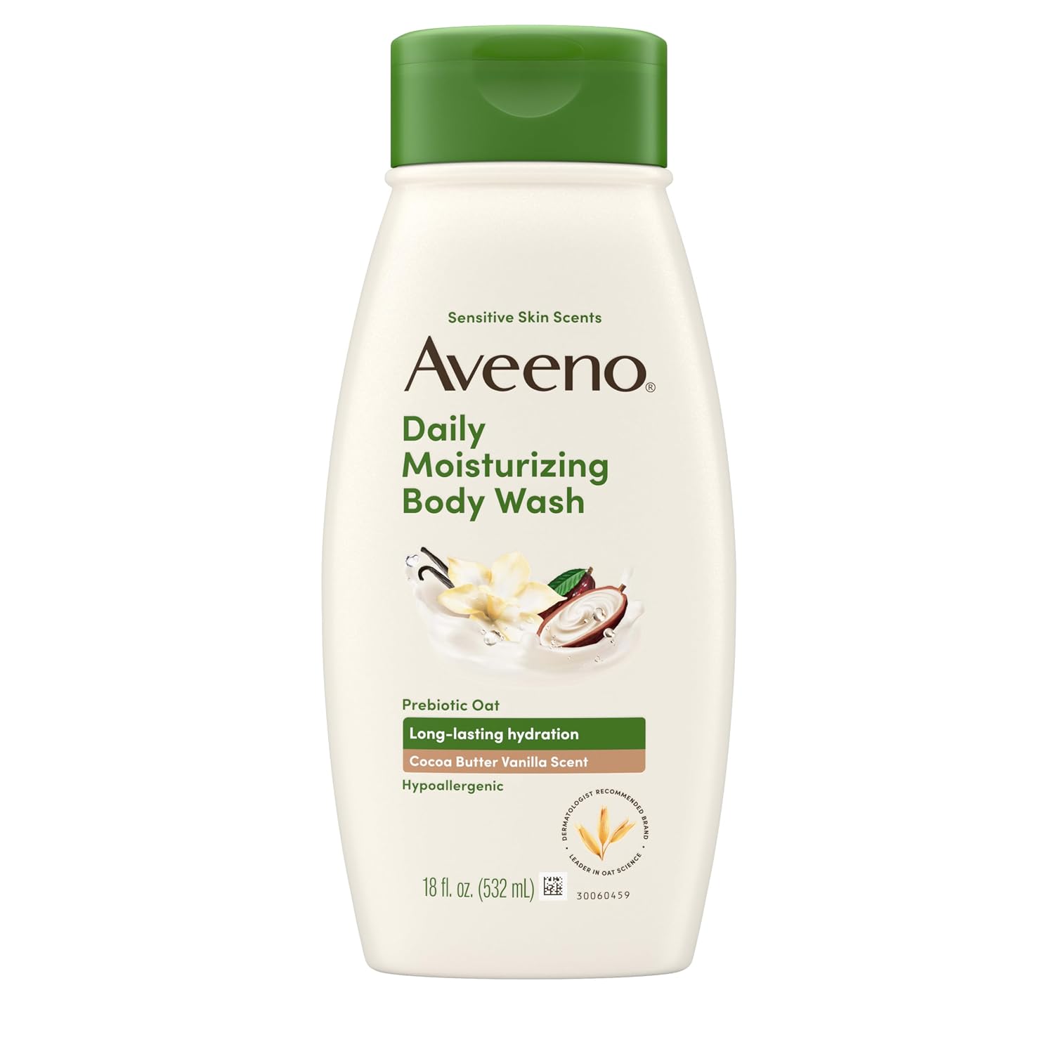 Aveeno Daily Moisturizing Body Wash With A Cocoa Butter Vanilla Scent & Soothing Prebiotic Oat, Provides Long-Lasting Hydration For Sensitive Skin, Hypoallergenic, Paraben-Free, 18 Fl. Oz