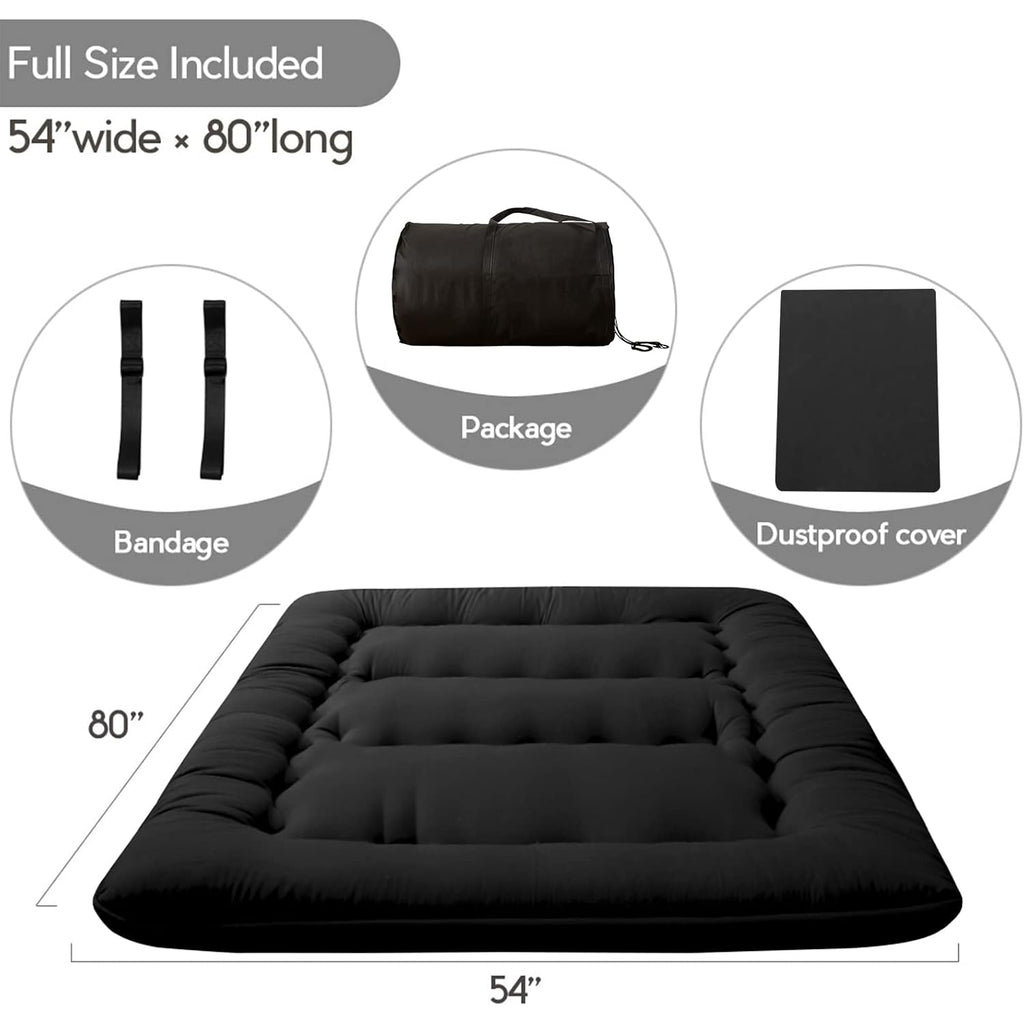 Maxyoyo Japanese Floor Mattress Futon Mattress, 4" Thicken Tatami Mat Sleeping Pad Foldable Roll Up Mat Boys Girls Dormitory Pad Kids Floor Lounger, Black, Full