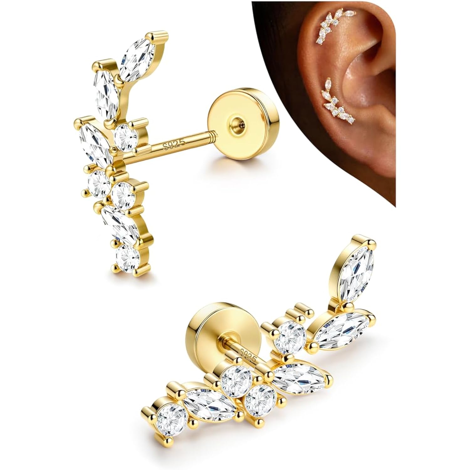 LOLIAS Hypoallergenic Cartilage Earrings for Women Flat Back-925 Sterling Silver Post Stud Flatback Earrings for Sensitive Ears-20G Ear Crawler Climber Cartilage Earring Tragus Conch Helix Piercing Jewelry