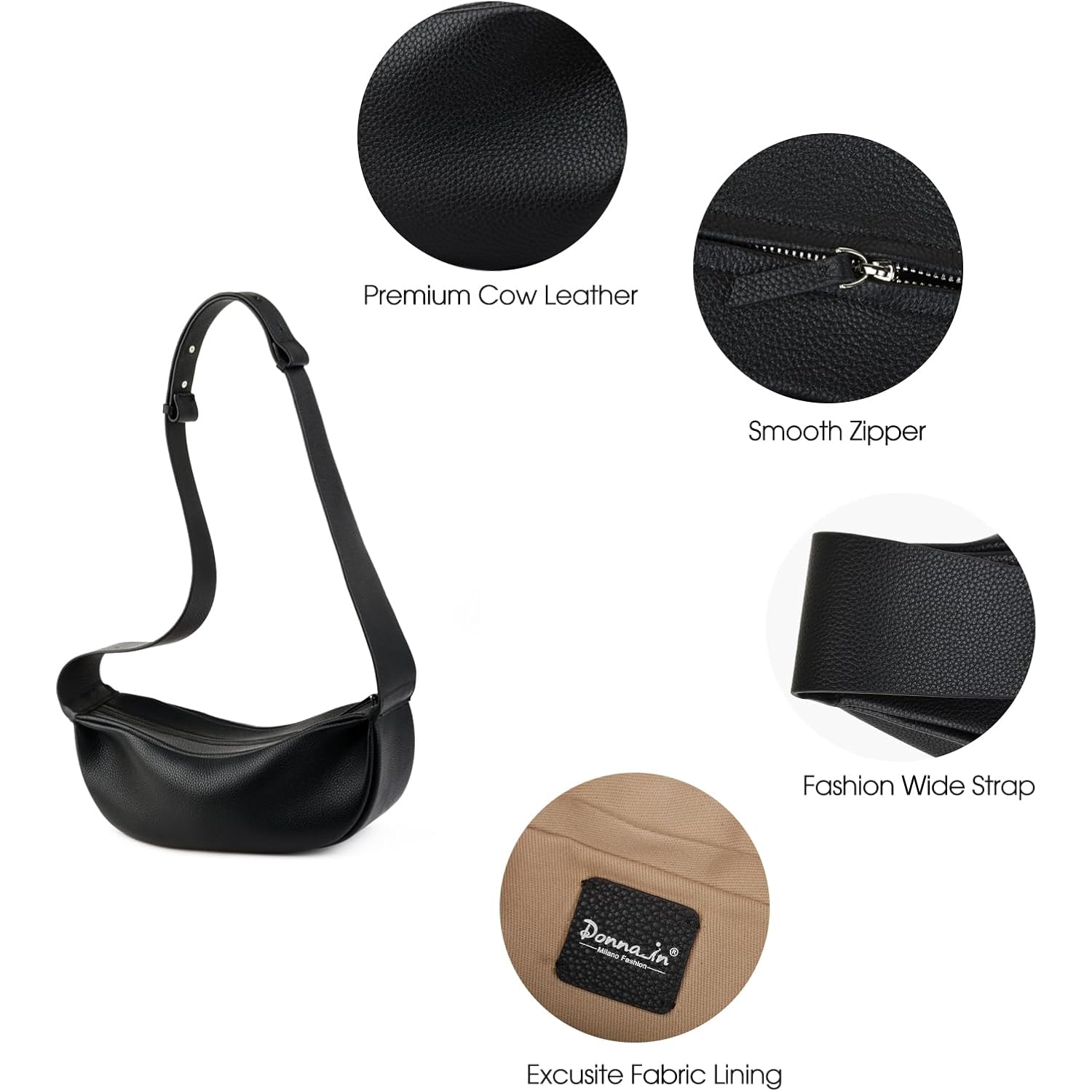 DONNAIN Genuine Leather Sling Bags Crossbody Women, Minimalist Style Casual Chest Bags with Wide Strap