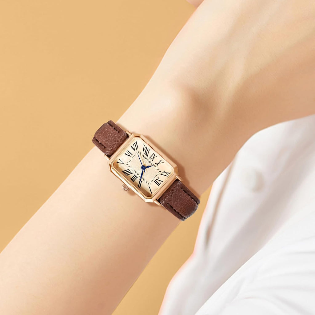 Bestkang Leather Strap Watches For Women Elegant Dainty Ladies Watch Vintage Rectangle Women Quartz Wrist Watch