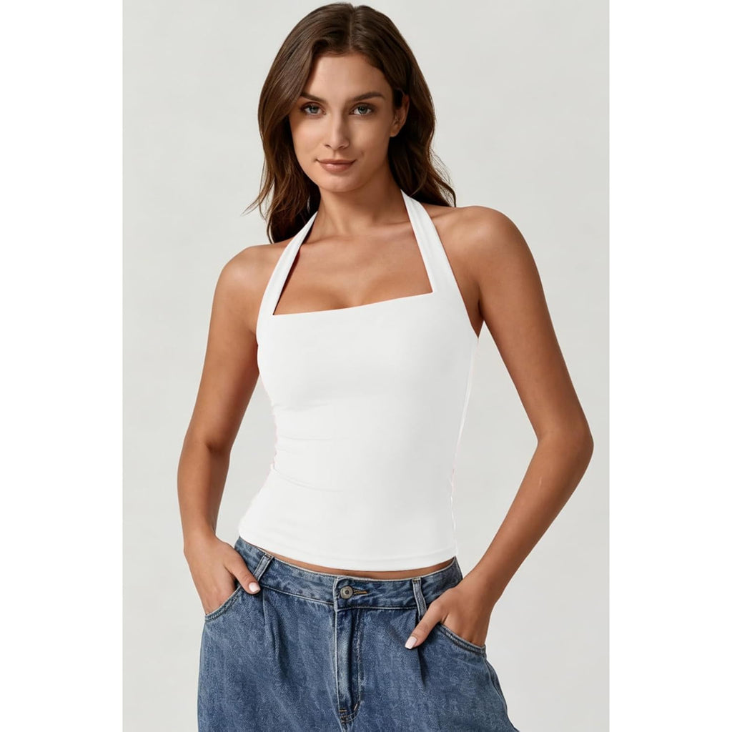 QINSEN Women's Backless Halter Tank Top Button Closure Square Neck Double Line Casual Daily Top Going Out Cami