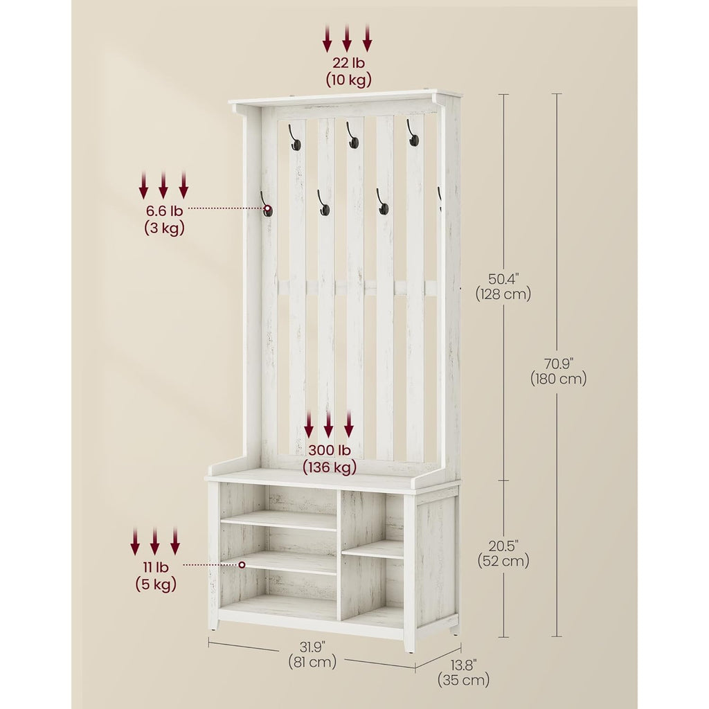 VASAGLE Hall Tree with Bench and Shoe Storage, Coat Rack with Shoe Bench, 7 Double Hooks for Jackets, Hats, Entryway, Bedroom, Living Room, 13.8 x 31.9 x 70.9 Inches, Rustic White UHSR414W01