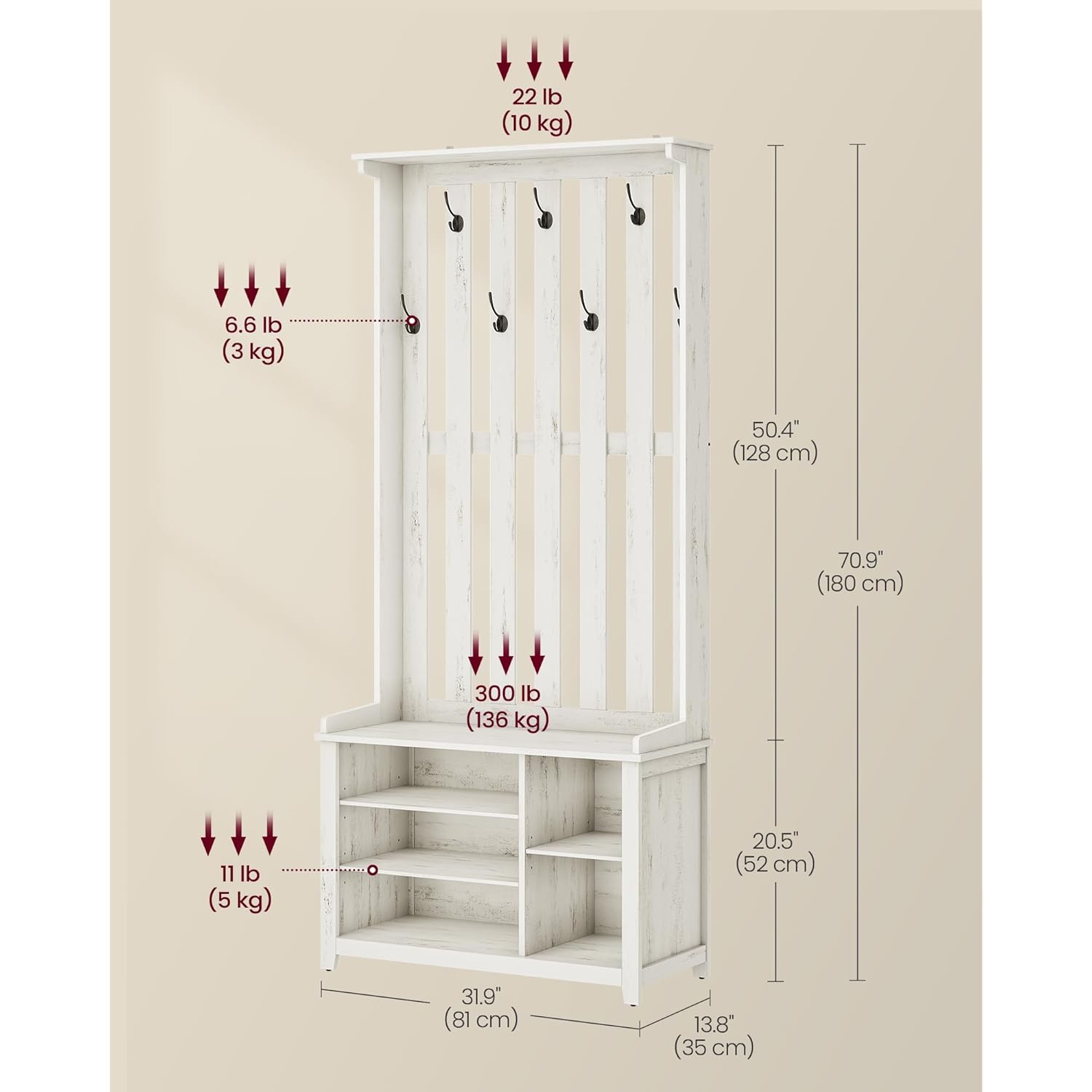 VASAGLE Hall Tree with Bench and Shoe Storage, Coat Rack with Shoe Bench, 7 Double Hooks for Jackets, Hats, Entryway, Bedroom, Living Room, 13.8 x 31.9 x 70.9 Inches, Rustic White UHSR414W01