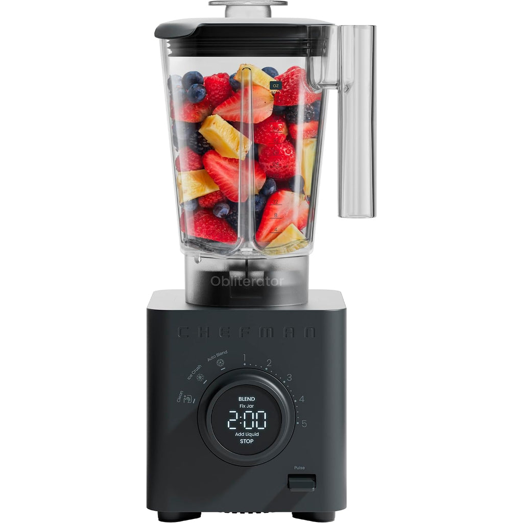 Chefman Obliterator 48 Oz Countertop Blender For Smoothies, 1380W Motor To Crush Ice, Nuts, And Frozen Fruit With Stainless Steel Blade, Auto Blend Function, Includes Tamper And Scraper
