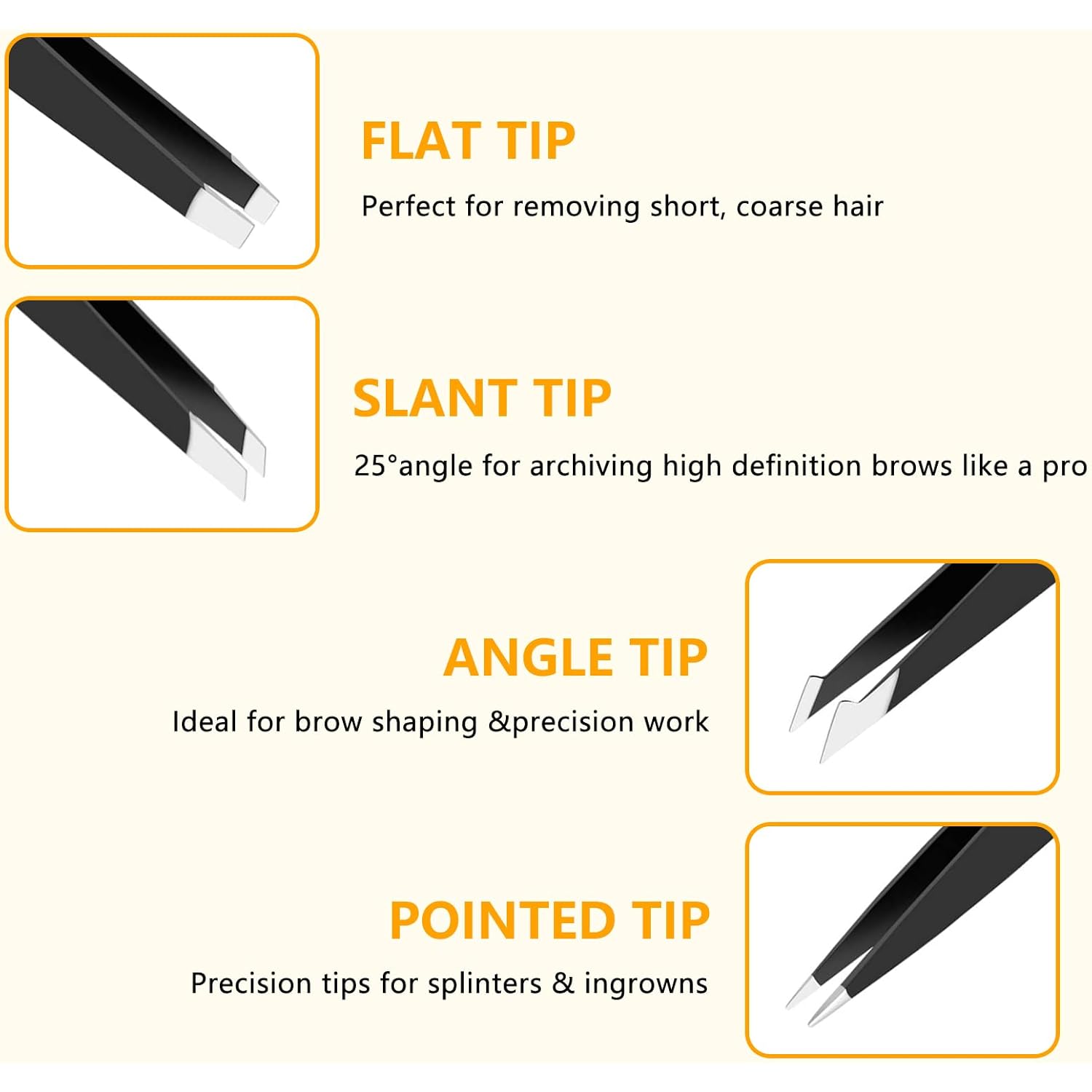 4 PCS Stainless Steel Tweezers Set – Precision Tweezers for Ingrown Hair, Facial Hair, Splinter, Blackhead and Tick Remover