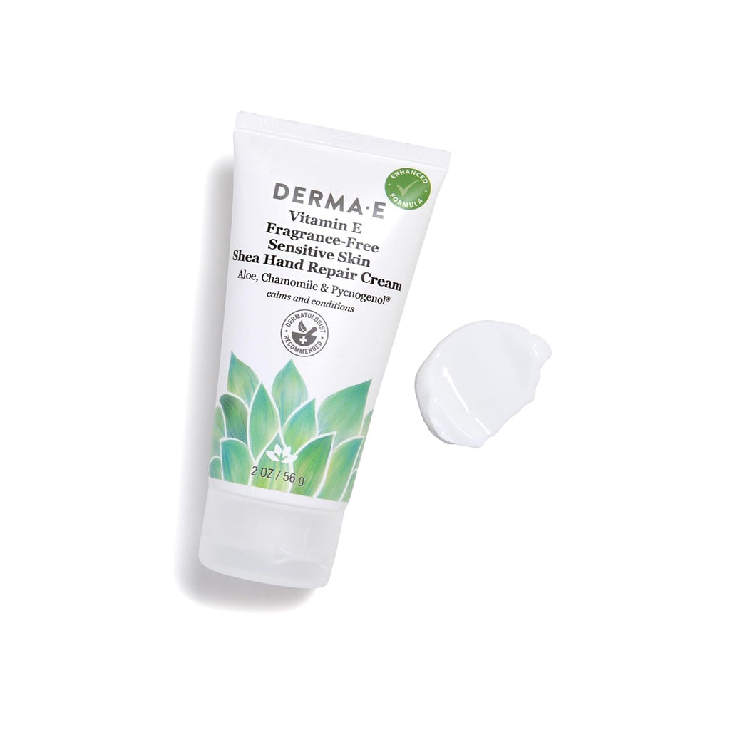 Derma E Vitamin E Fragrance Free Sensitive Skin Shea Hand Repair Cream – Intensive Therapy Hand Cream – Cruelty Free Unscented Lotion for Dry or Cracked Skin, 2 oz