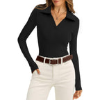 Wiholl Womens Polo Shirts Long Sleeve Business Casual Tops Collared V Neck Ribbed Knit Sweater Slim Fit Blouses