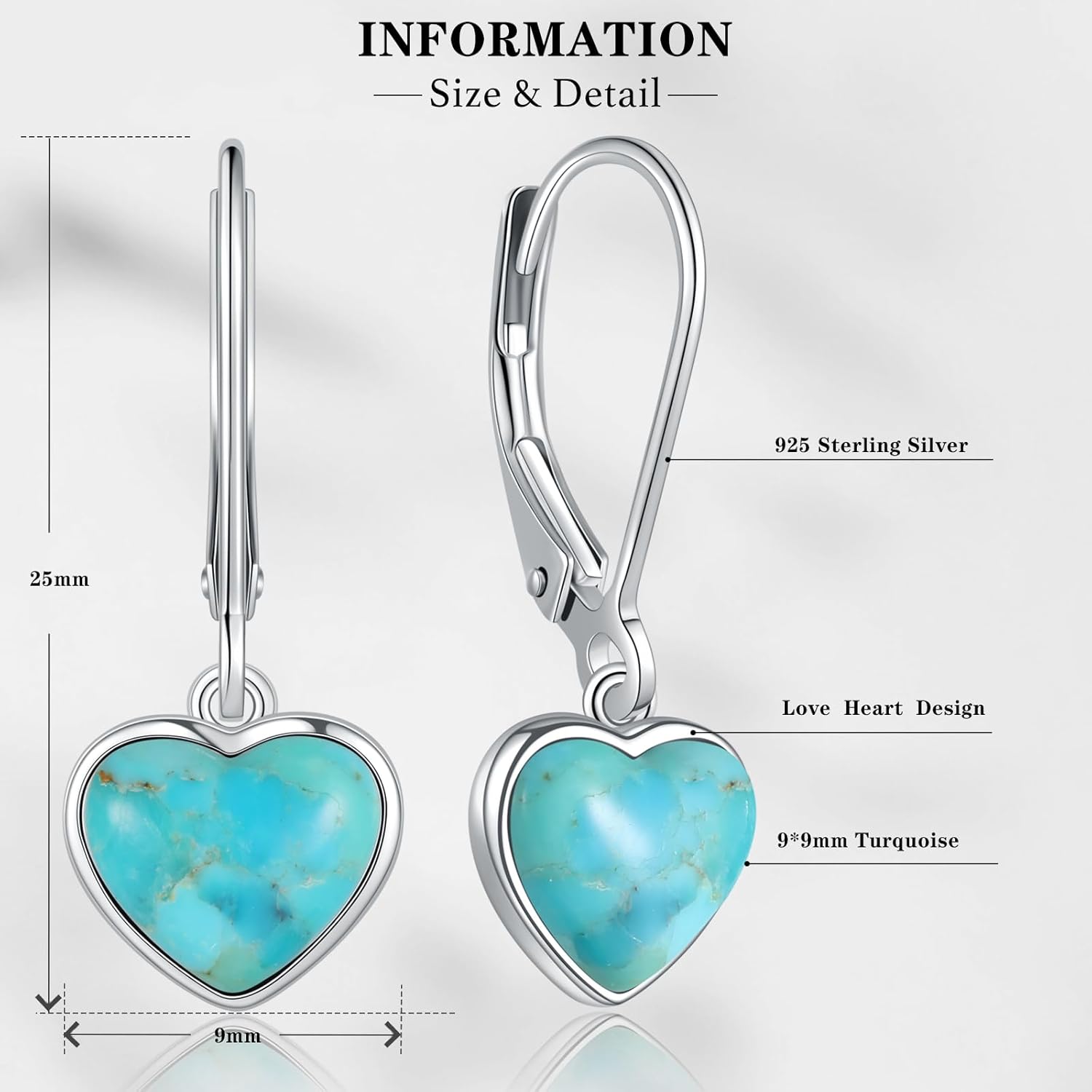 Heart Natural Turquoise Earrings for Women - Top AAA Grade, Hypoallergenic 925 Sterling Silver Leverback Dangle Earrings, Trendy Jewelry Gifts for Her