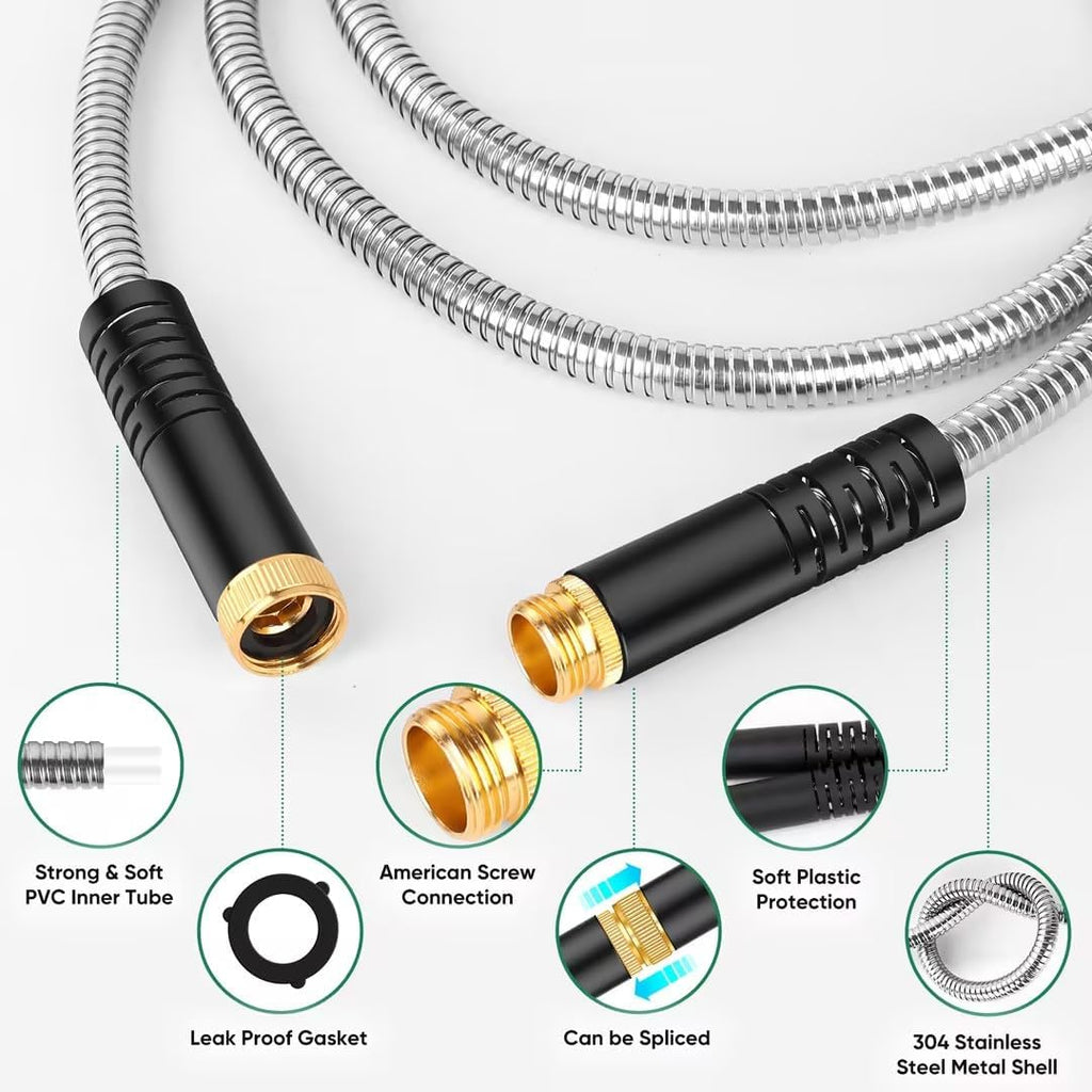 Garden Hose 50Ft, Heavy Duty Stainless Steel Water Hose With 10 Functional Nozzles, No Kink, Lightweight And Flexible, Easy To Use And Store, Strong And Sturdy, Suitable For Yard And Lawn