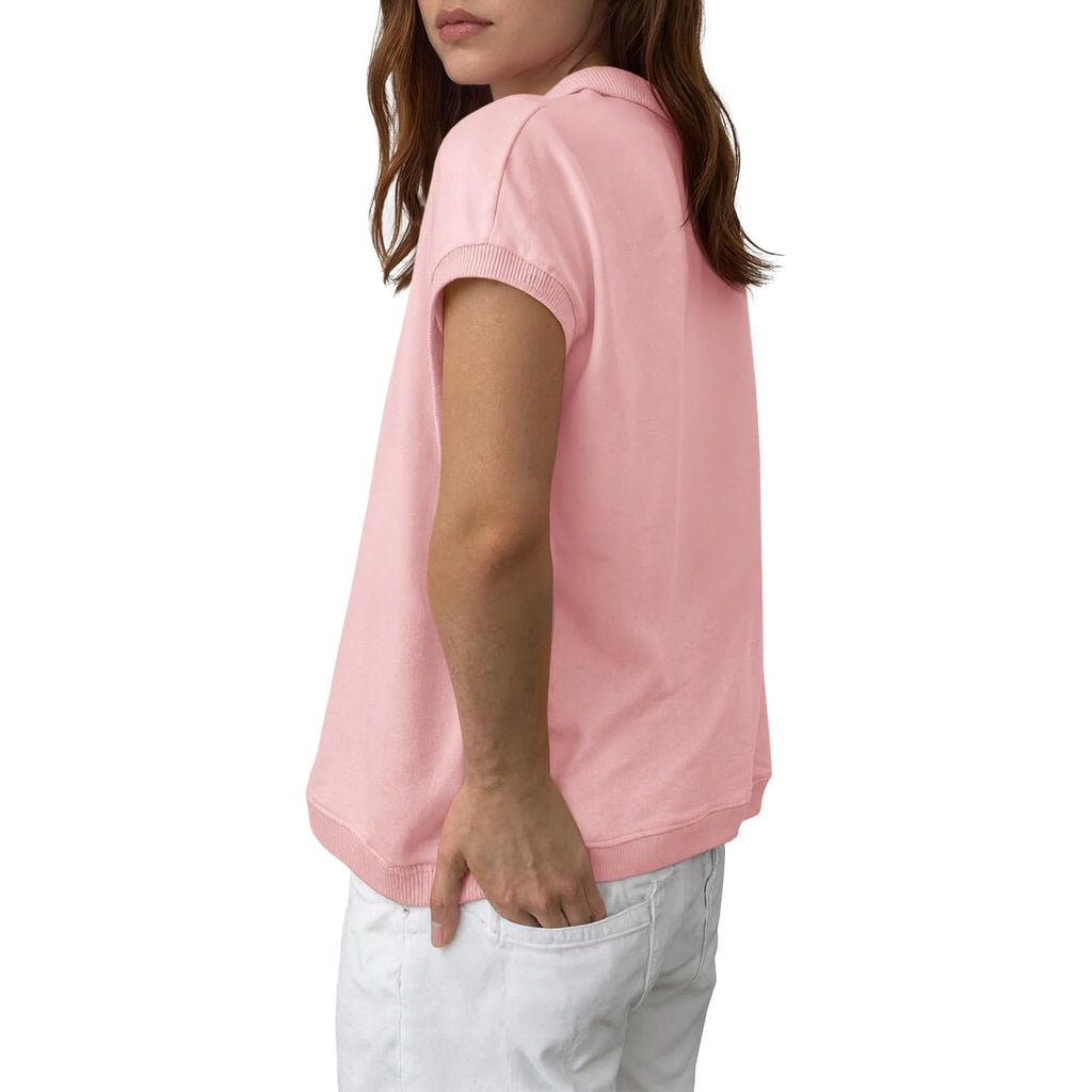 Womens Cap Sleeve Polo Shirts Summer V Neck Collared Tops Casual Loose Fit Boxy Tees