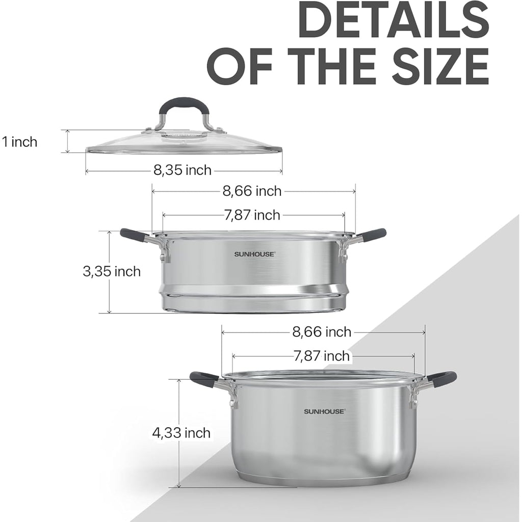 SUNHOUSE Stainless Steel Steamer Pot for Cooking - 3.1 QT Steaming Pot with Glass Lid & Steamer Basket - 2 Tier Tri-ply Vegetable Steamer with Stay-Cool Silicone Handles - Induction Compatible
