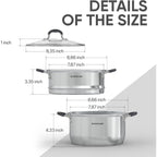 SUNHOUSE Stainless Steel Steamer Pot for Cooking - 3.1 QT Steaming Pot with Glass Lid & Steamer Basket - 2 Tier Tri-ply Vegetable Steamer with Stay-Cool Silicone Handles - Induction Compatible