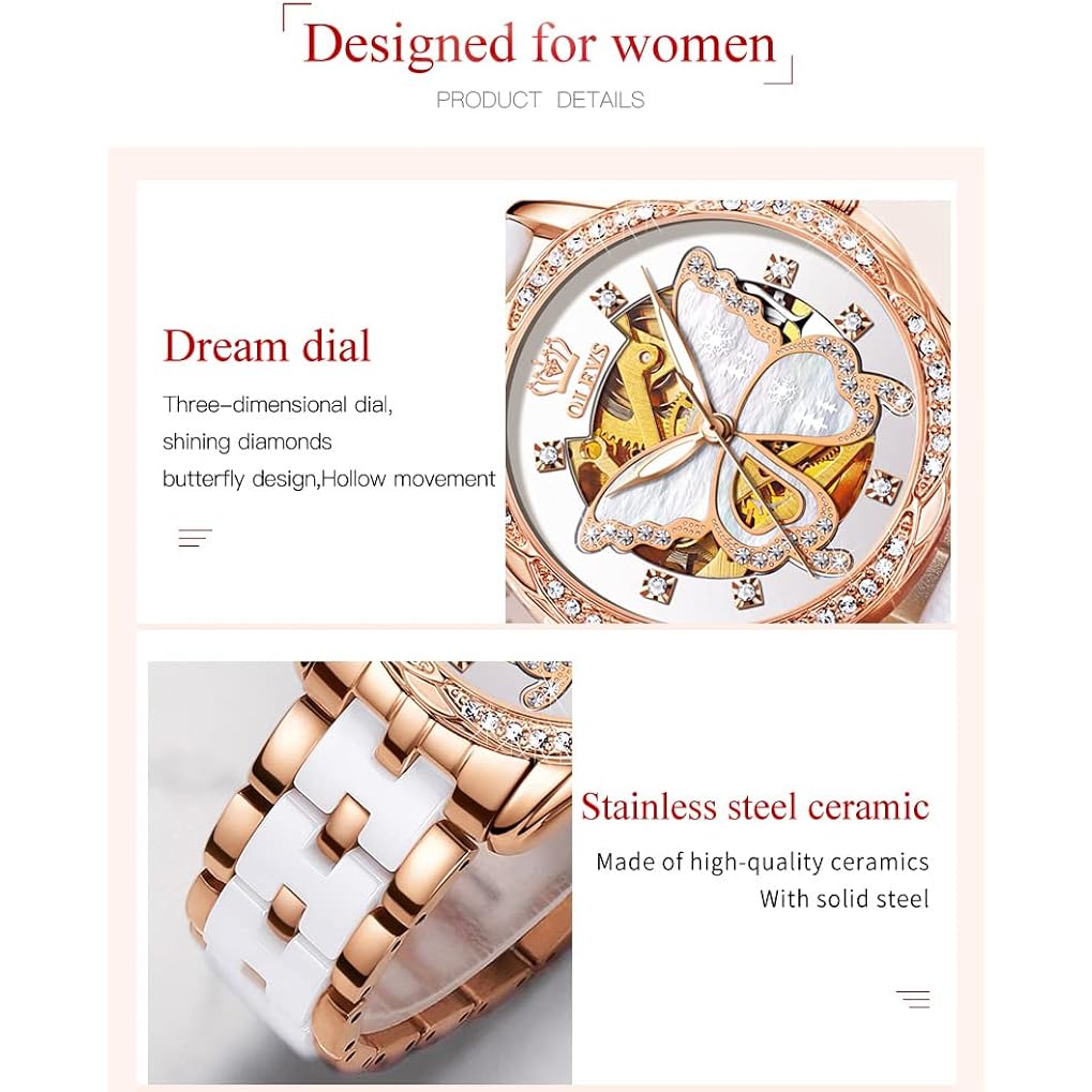 Olevs Women'S Rose Gold Automatic Watches Skeleton Mechanical Ladies Elegant Luxury Wristwatch Diamond Ceramic Band Butterfly Self Winding Dress Watch
