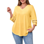 Beautife Womens Plus Size 3/4 Sleeve Tops V Neck Loose Fit Tee Shirts Dressy Casual Eyelet Lace Tunic Blouse