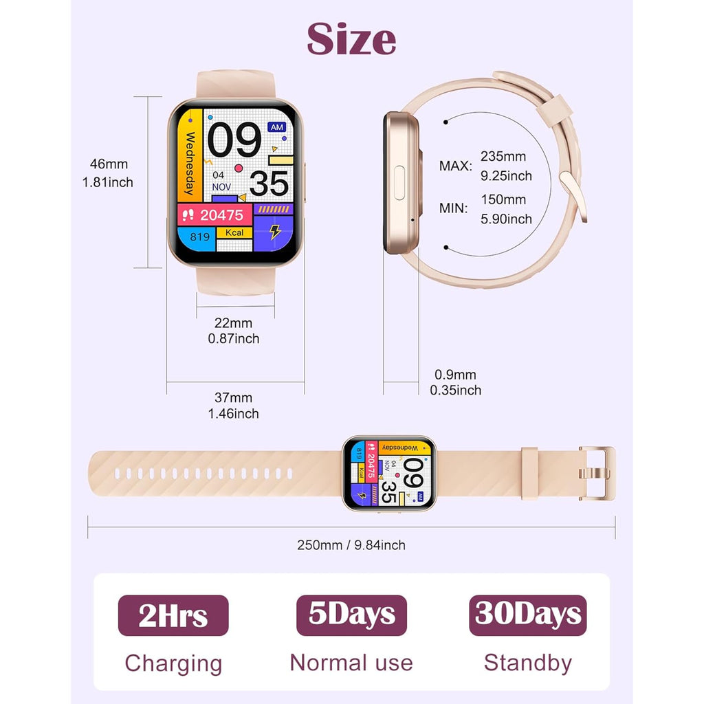 RUIMEN Smart Watches for Women Men (Answer/Make Calls) Compatible with iPhone/Android Phones, 1.85" HD Screen Fitness Tracker Heart Rate Monitor 100+ Sports Tracker Watch Waterproof (Pink)