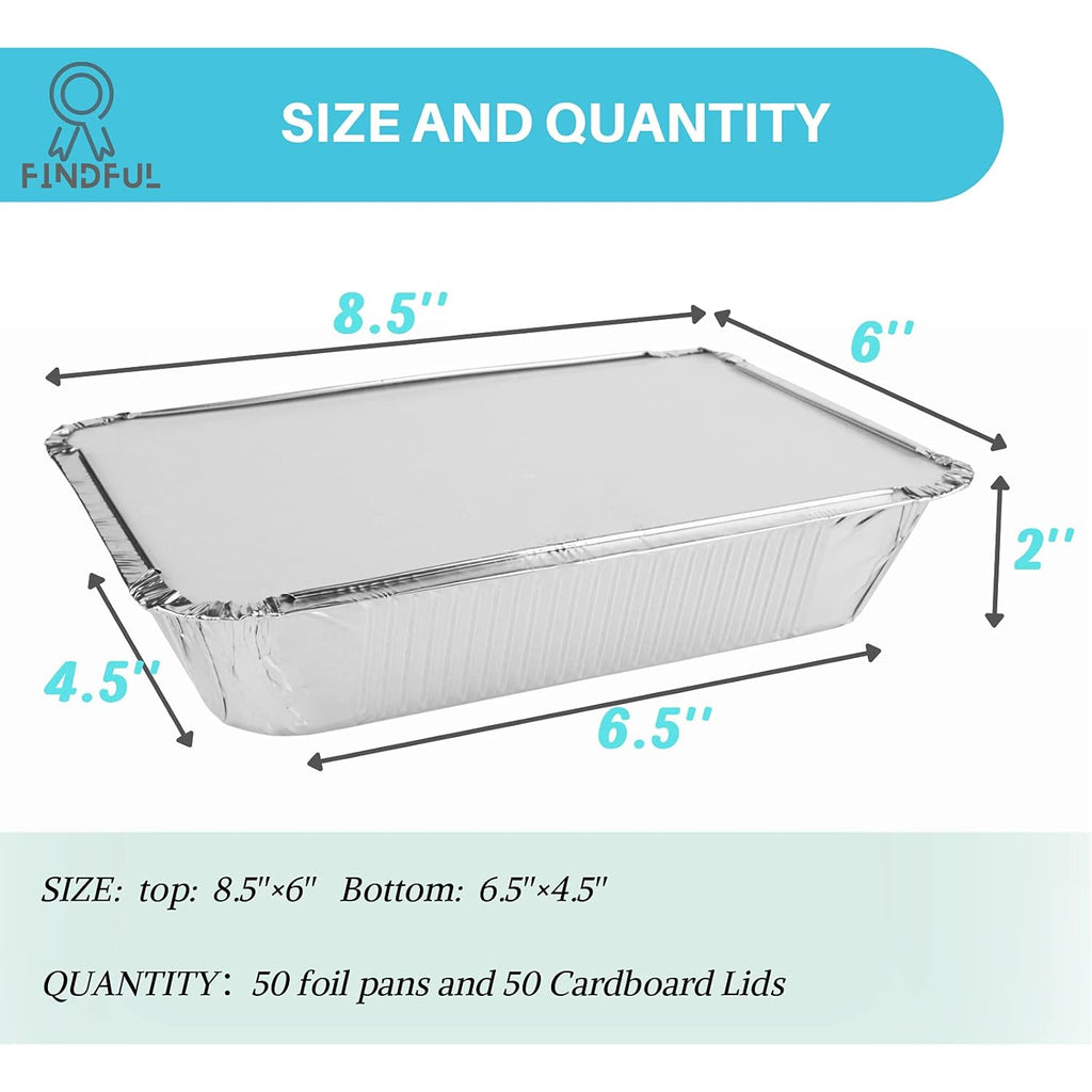 Aluminum Pans with Lids (50-Pack, 8.5"×6") 2.25 LB Capacity Foil Food Containers with Lids - 50 Pans and 50 Cardboard Covers - Disposable Tin Foil Pans - for Baking, Meal Prep and Freezer, Takeout