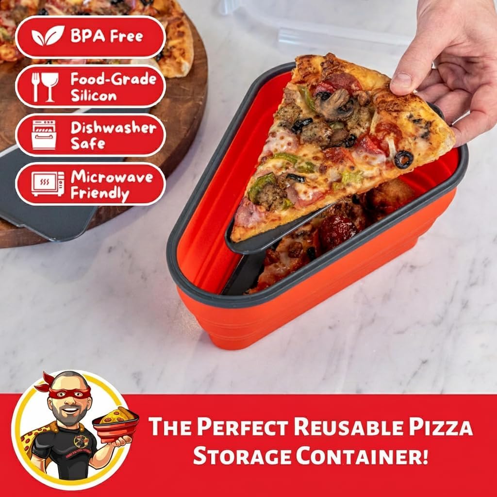 The Perfect Pizza Pack™ - Reusable Pizza Storage Container With 5 Microwavable Serving Trays - Bpa-Free Adjustable Pizza Slice Container To Organize & Save Space, Red