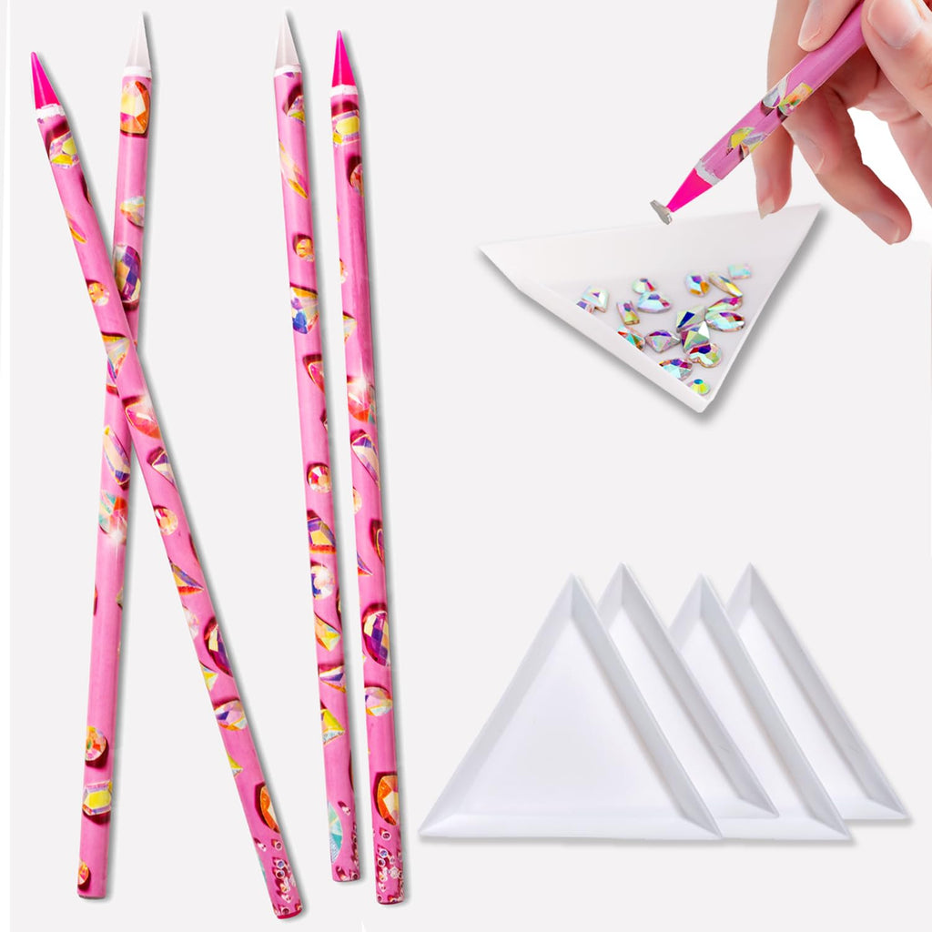 Haozher 8 Pcs Rhinestone Picker Tool Kit, Self-Adhesive Wax Pencil for Rhinestones and Diamond Painting, Gem Picker Tool Dotting Tools for Nail Art, 4 Wax Pen and 4 Rhinestone Trays rhinestone tools