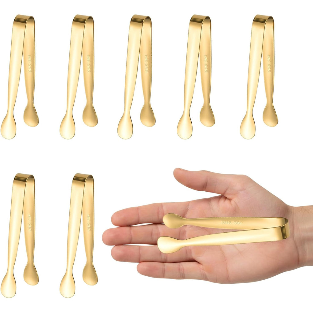 8Pcs Gold Mini Metal Tongs, 4.3"/11Cm,Stainless Steel,For Ice Cube, Sugar | Small Kitchen Accessories For Serving Food, Salad, Toaster, Desserts