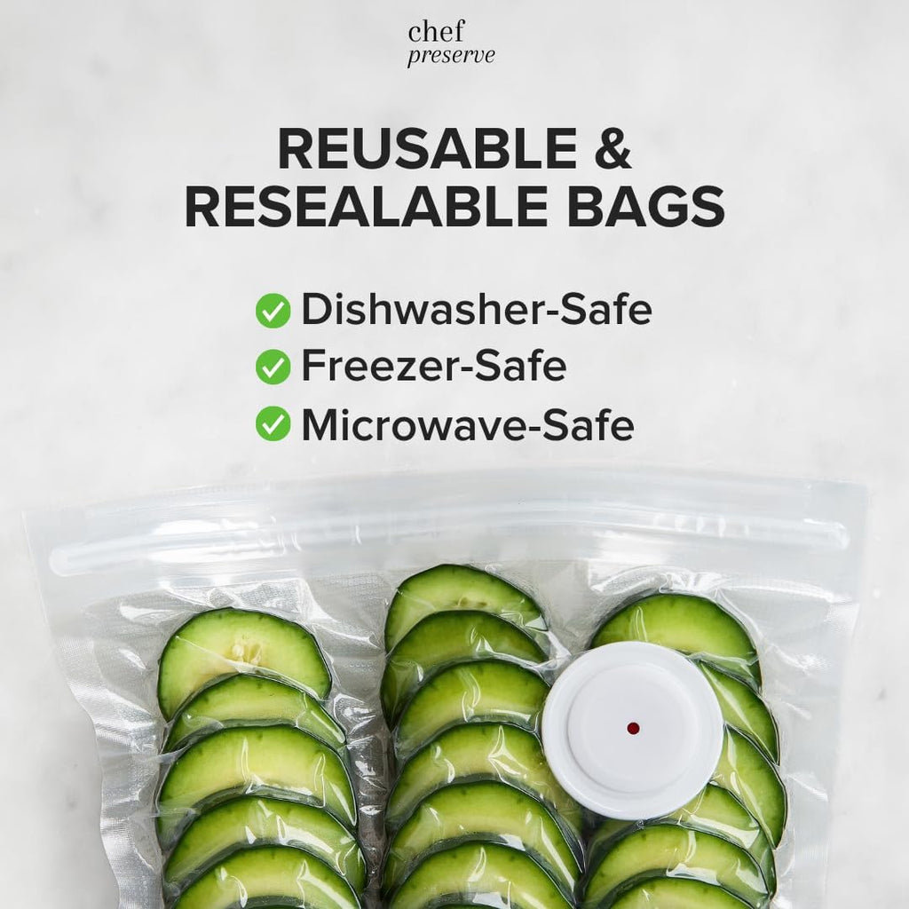 Chef Preserve Reusable Vacuum Sealer Bags For Food - 30 Bpa-Free Small (8 X 10 In) Food Storage Bags, Freezer, Microwave - Odor-Resistant, Leak-Proof - Compatible With Chef Preserve Vacuum Sealers