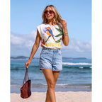 Womens Graphic Tees Summer Tops for Women Letter Print T Shirts Crewneck Short Sleeve Tropical Vacation Outfits Boho