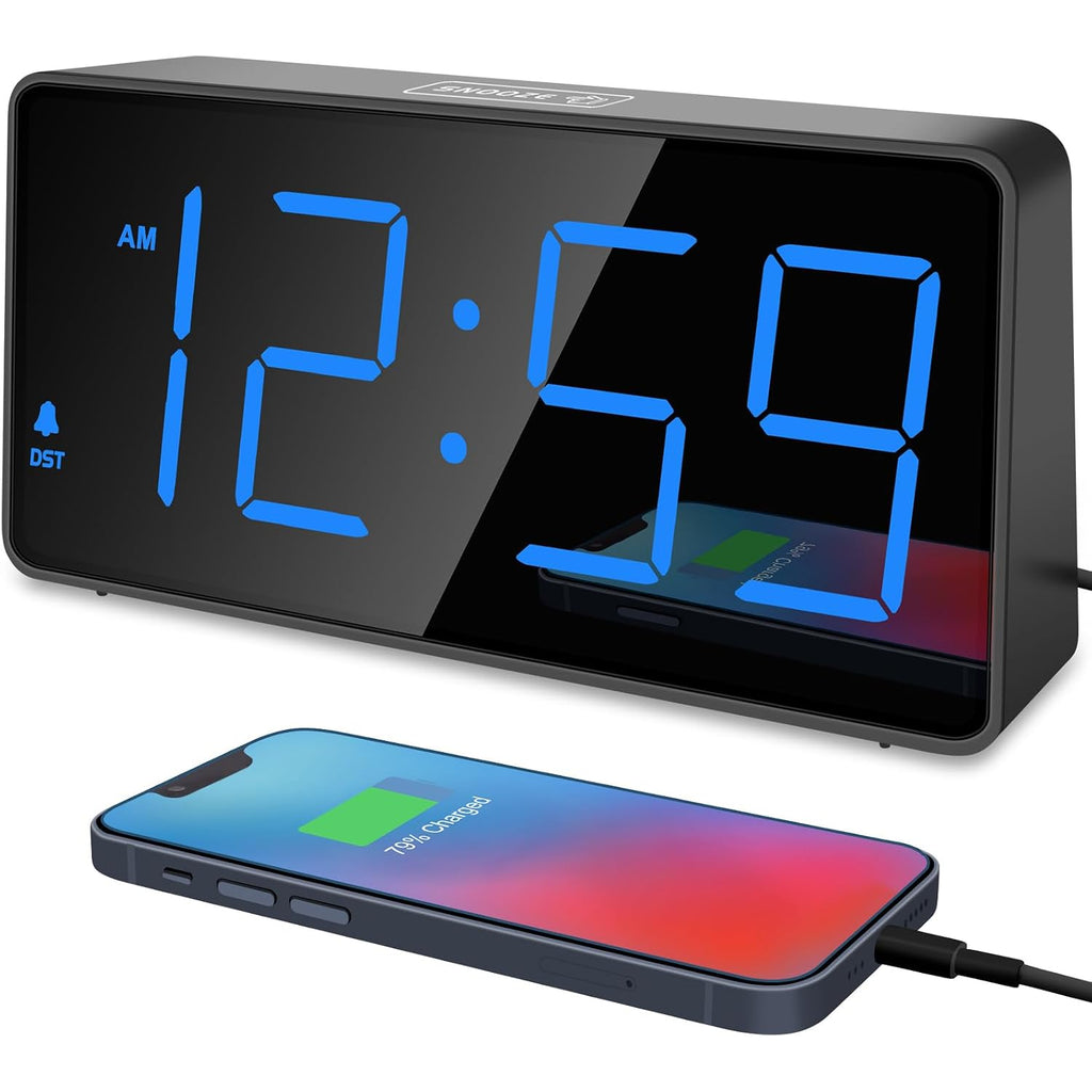 Peakeep Digital Alarm Clock For Bedrooms Bedside, Loud For Heavy Sleepers | Large Big Led Numbers Dimmable For Seniors, Battery Backup Plug In Electric Clock With Usb Charger (Blue)
