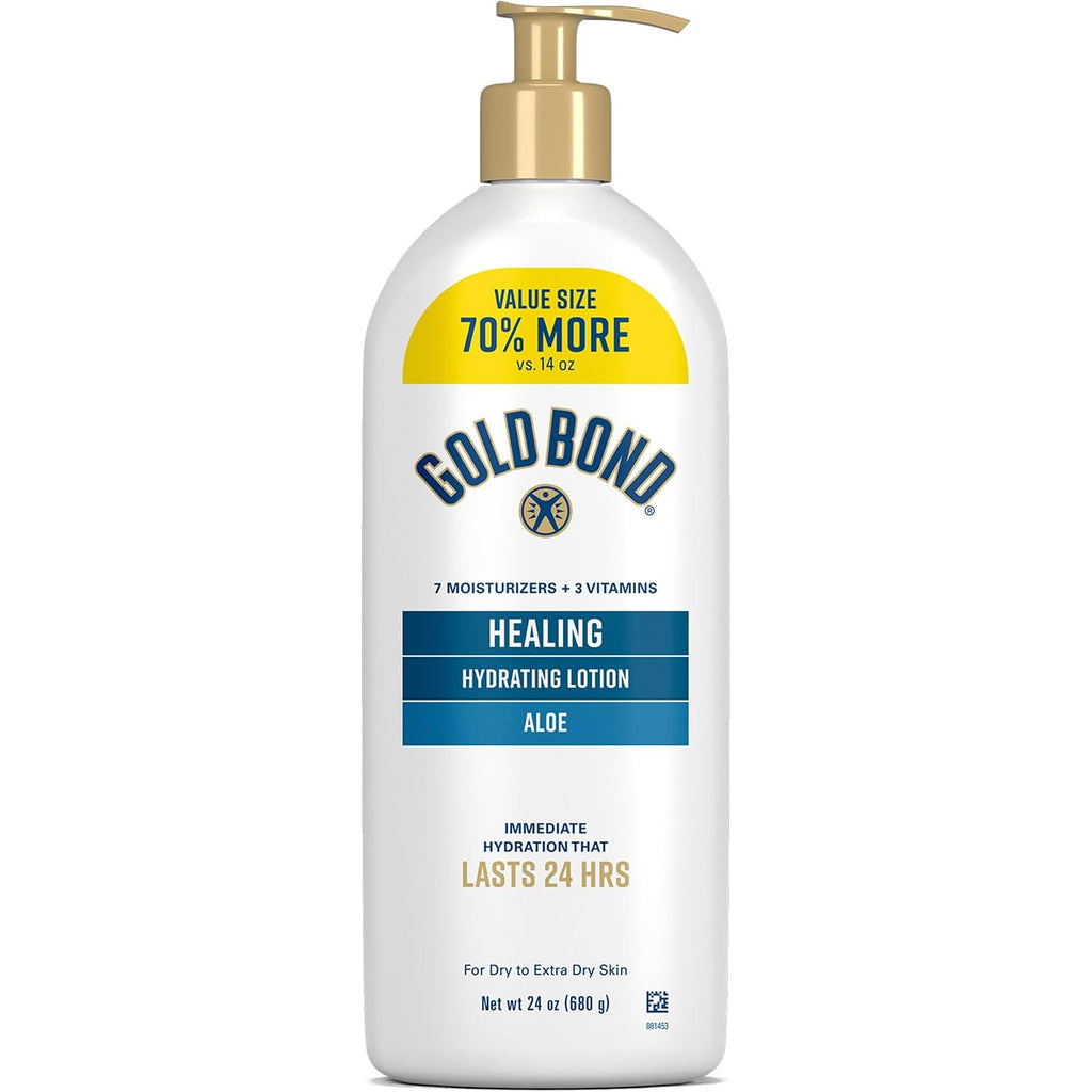 Gold Bond Healing Hydrating Body Lotion With Aloe, Moisturizer For Dry To Extra Dry Skin, 24-Hr Hydration To Soothe & Comfort, Non-Greasy, Dermatologist-Tested, Light Scent, 24 Oz Family Size Pump