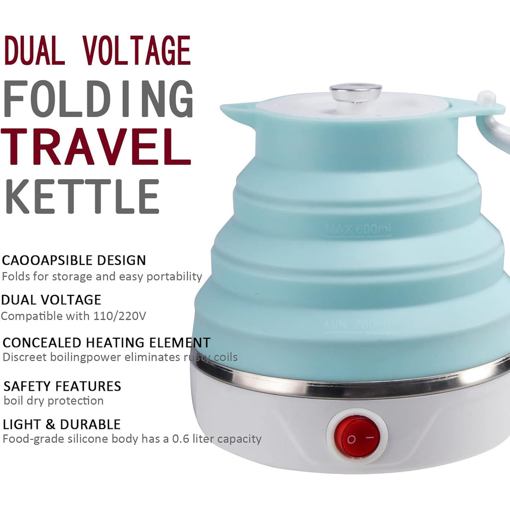 Travel Foldable Electric Kettle, Collapsible Electric Kettle Food Grade Silicone Small Pot Boiling Water,Dual Voltage（600Ml,110-220V Us Plug） (Blue)