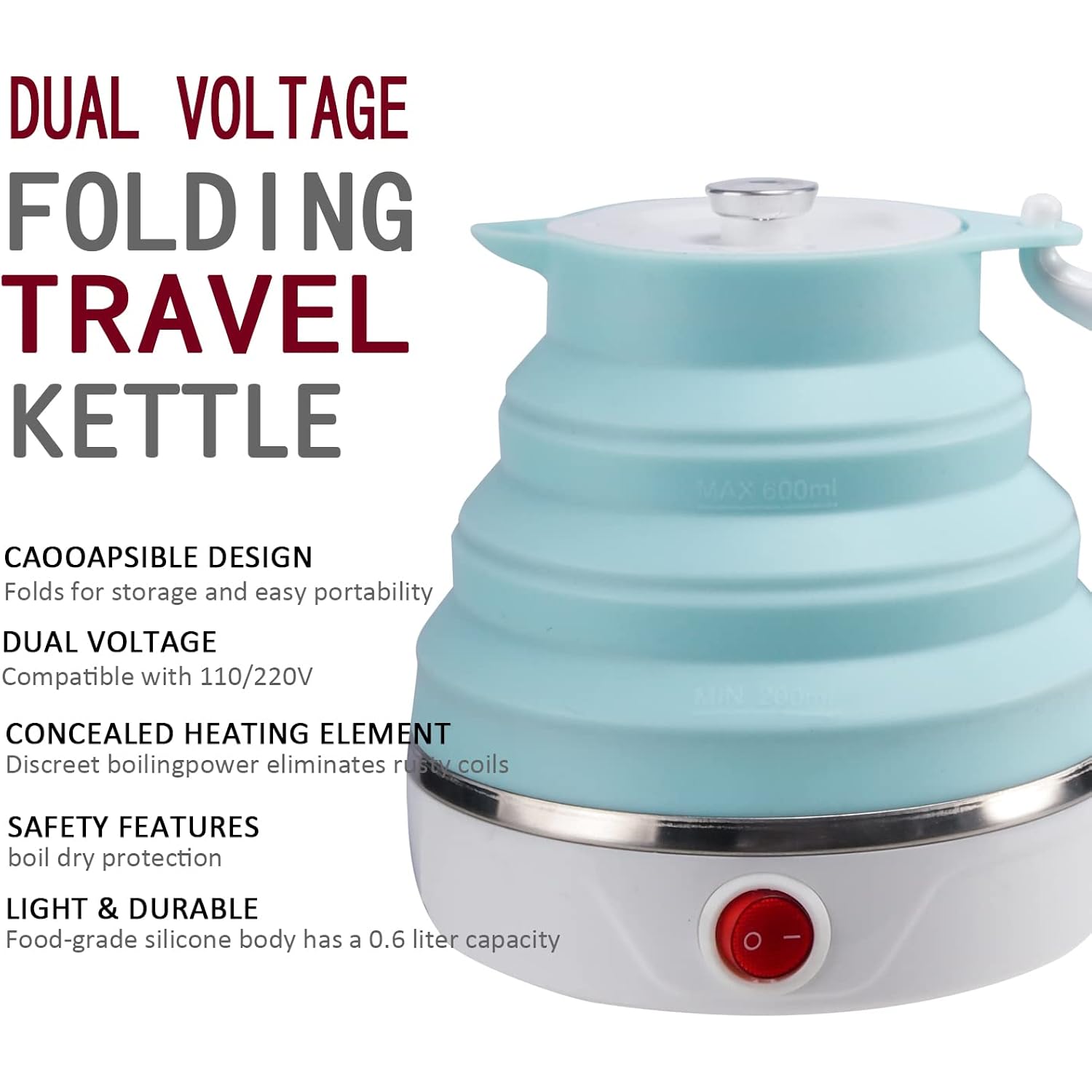 Travel Foldable Electric Kettle, Collapsible Electric Kettle Food Grade Silicone Small Pot Boiling Water,Dual Voltage（600Ml,110-220V Us Plug） (Blue)