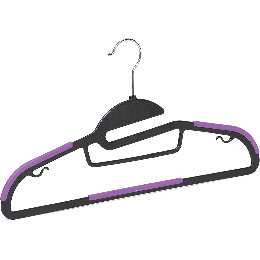 Amazon Basics Space Saving Non-Slip Rubber Coated Plastic Hangers With 360 Degree Swivel Hook, Black/Purple, Pack Of 50