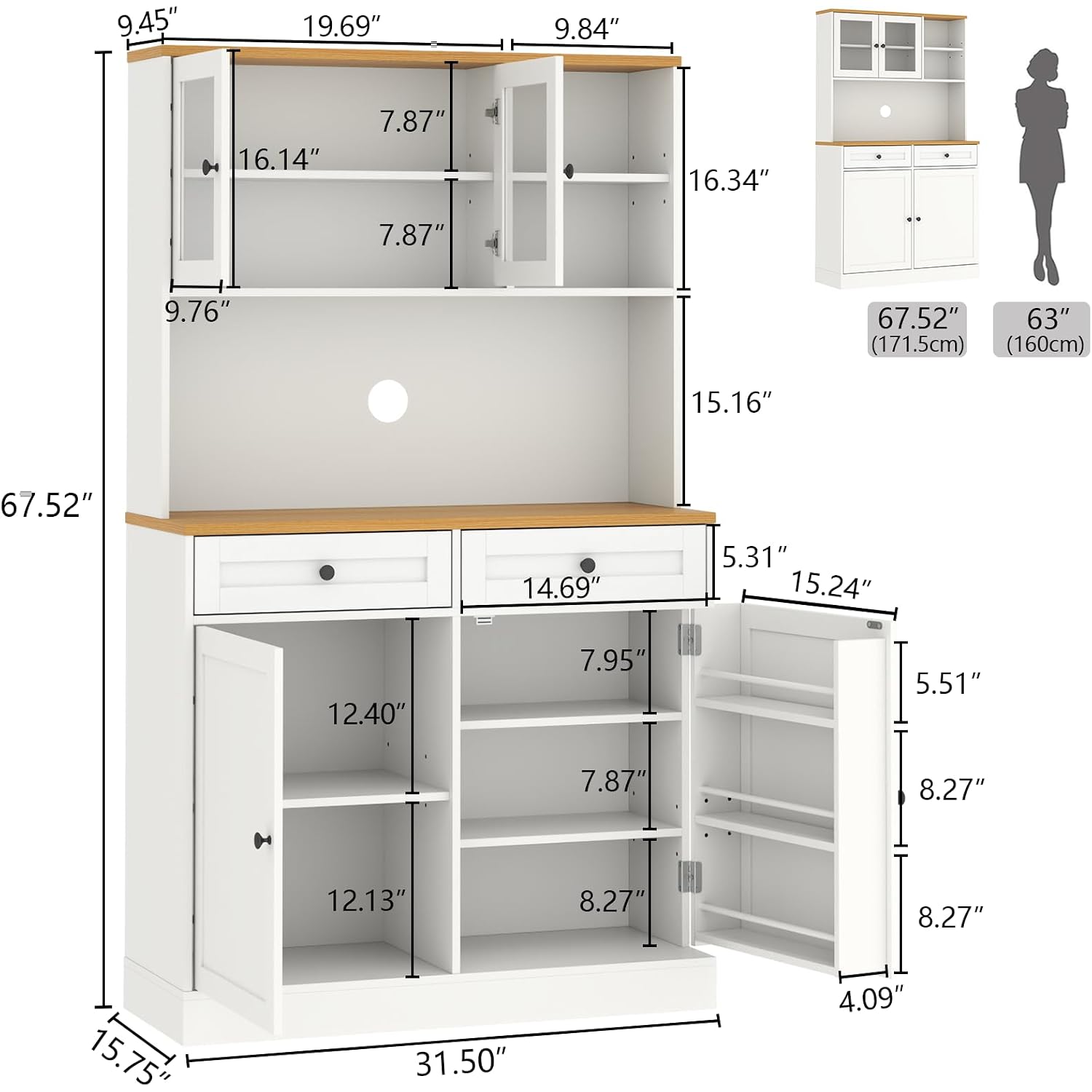 Tall Pantry Cabinet, Modern Kitchen Hutch With Microwave Stand, Kitchen Pantry Storage Cabinet With 2 Darwers & Door Shelf, Food Pantry With Glass Doors & Adjustable Shelves For Dining Room, White