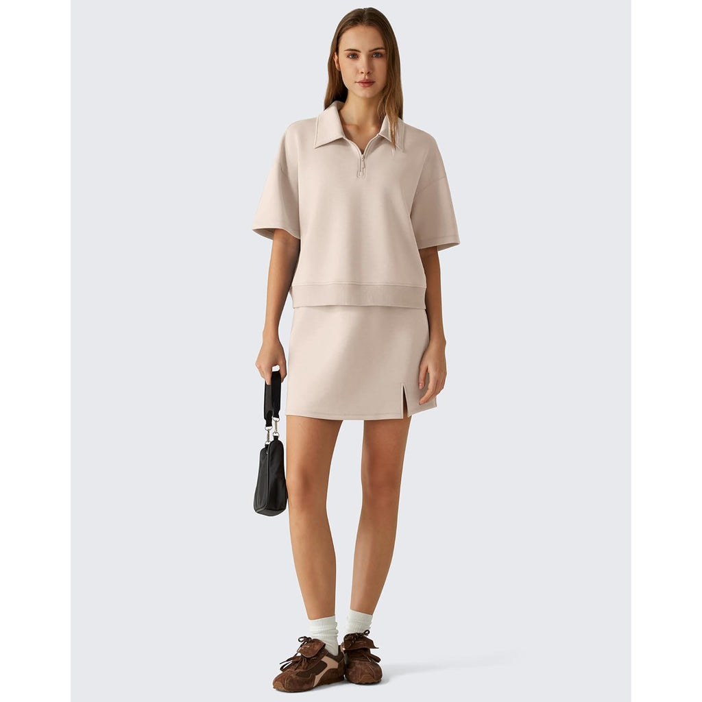 Smoofit Modal Soft Polo Shirts for Women Zip Up Short Sleeve Tops Loose Fit for Casual Business Work