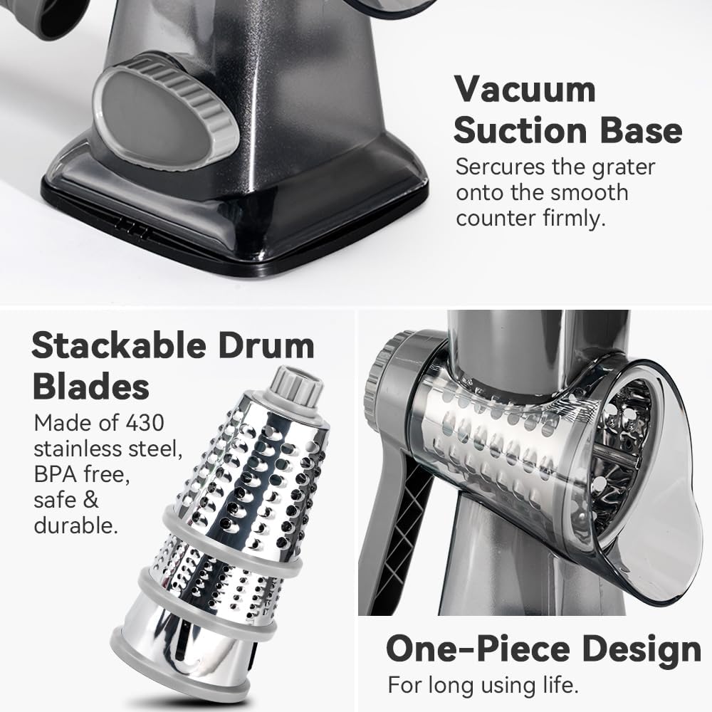 Cheese Grater Hand Crank Rotary Vegetables Shredder With Handle | 3-In-1 Graters, Interchangeable Blades, Non-Slip Base, Multifunctional Slicer