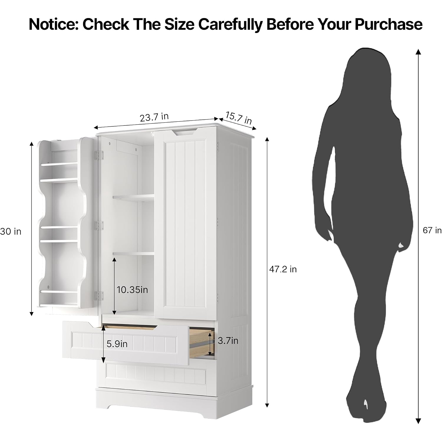 Gizoon Kitchen Pantry Cabinet With Drawers For Dining Room, 47" Small Food Pantry Storage Cabinet With 6 Door Shelves For Snack And Spice, Craft Storage Cabinet For Craft Room, White, Painted