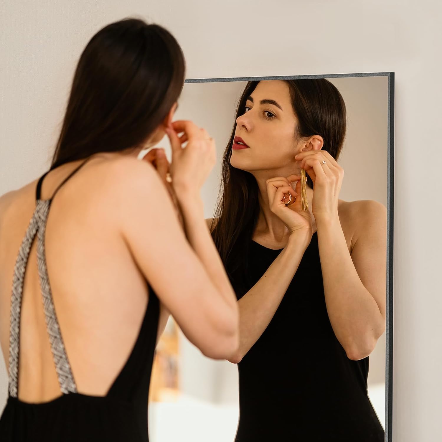 Mirror Full Length, Upgraded 16"x59" Body Wall Mirrors with Shatter-Proof Glass, Floor Standing, Hanging or Leaning, Tall Mirror with Stand Aluminum Alloy Frame for Bedroom, Black