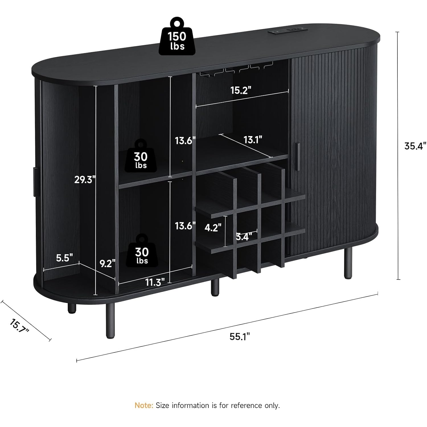 55" Wine Bar Cabinet With Led Light,Modern Liquor Whiskey Coffee Station With Wine Rack And Glass Holder, Farmhouse Buffet Sideboard With Storage For Living Room, Kitchen, Entryway (Black)