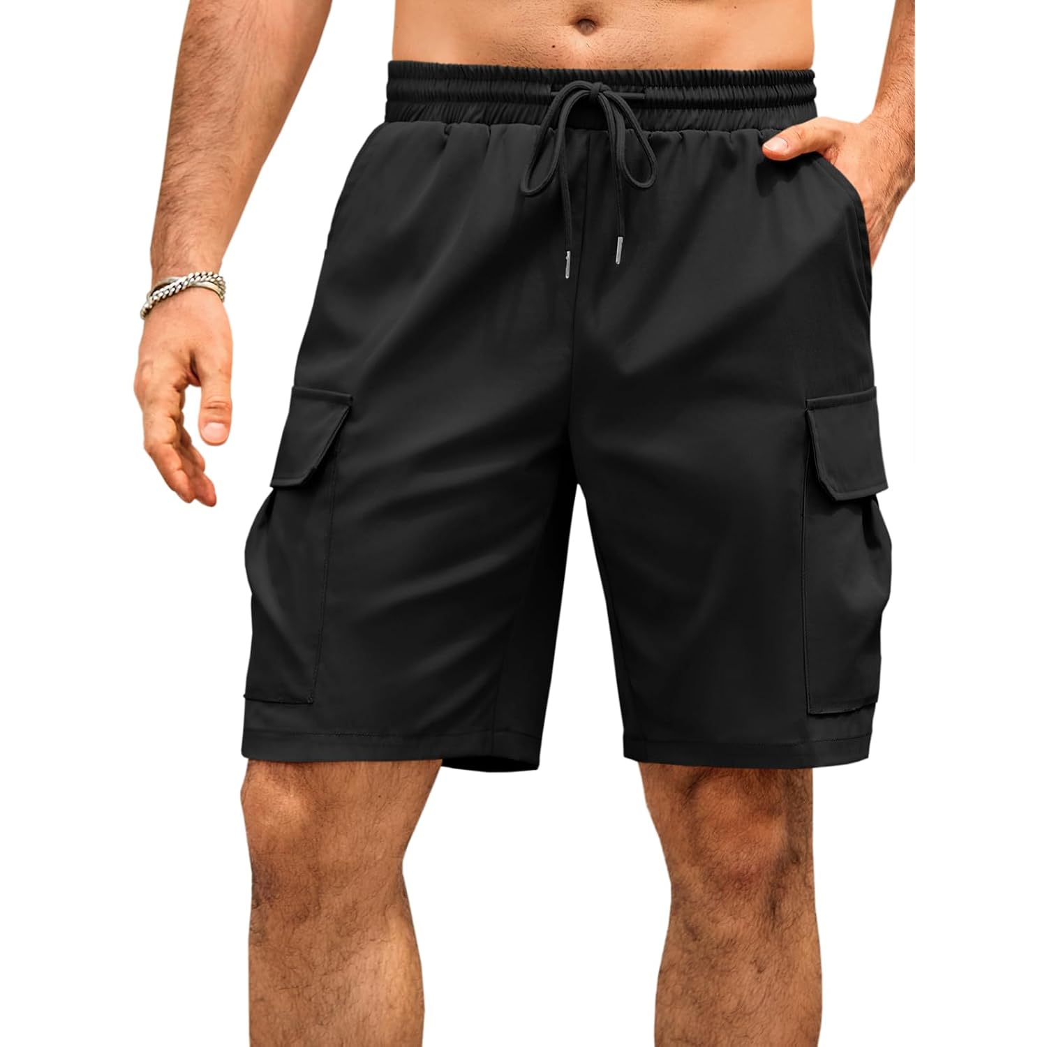 Runcati Mens Cargo Shorts Elastic Waist Drawstring Lightweight Shorts Summer Hiking Casual Shorts With Pockets No Lining