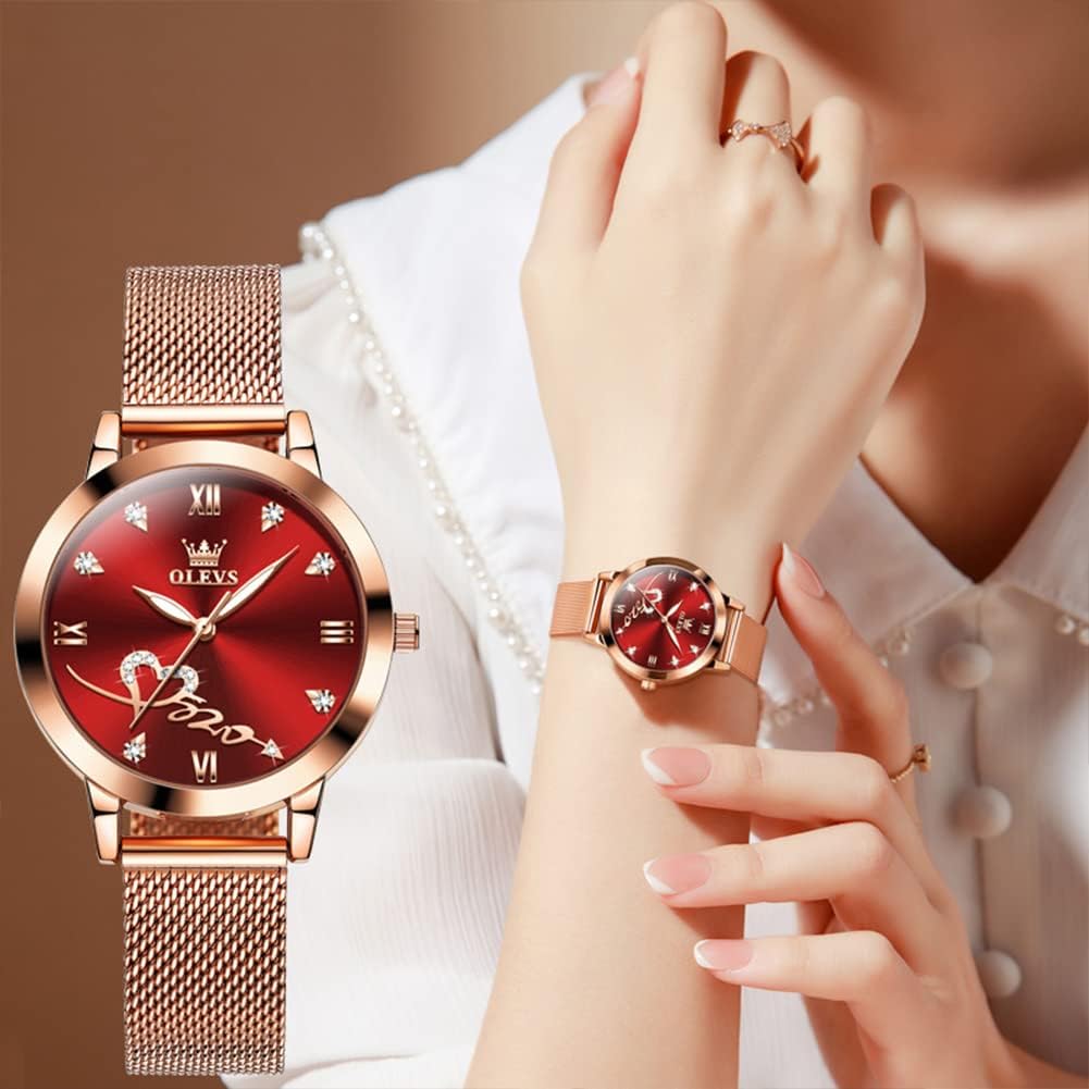 OLEVS Rose Gold Watch for Women Mesh Strap Fashion Dress Hearts Japanese Quartz Waterproof Luminous Ladies Watches Bracelet Sets