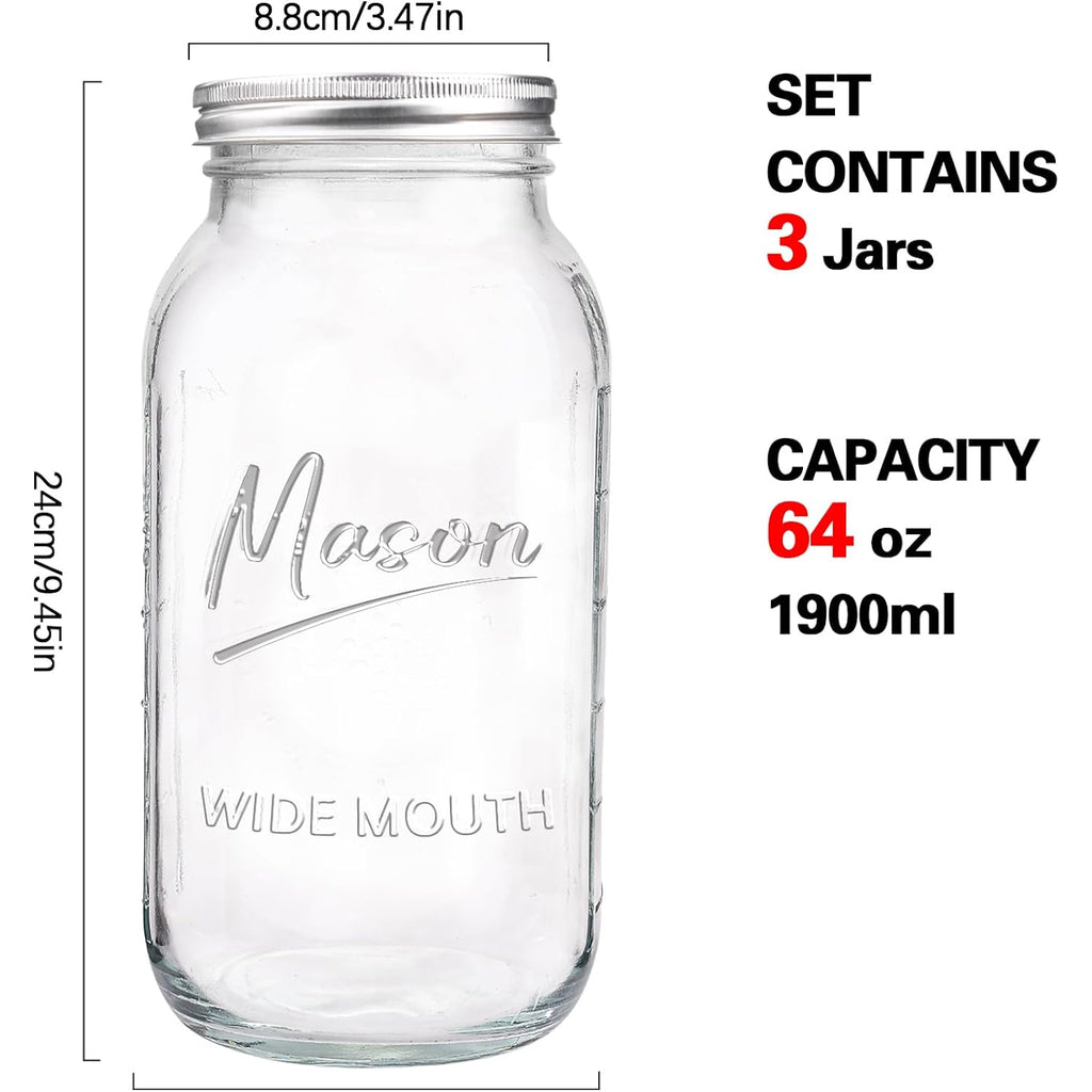 64 oz Mason Jar Wide Mouth,3 Pack Large Half Gallon Mason Jars with Airtight Lid,Big Glass Jars for Canning,Pickling,Fermenting,Storing