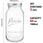 64 oz Mason Jar Wide Mouth,3 Pack Large Half Gallon Mason Jars with Airtight Lid,Big Glass Jars for Canning,Pickling,Fermenting,Storing