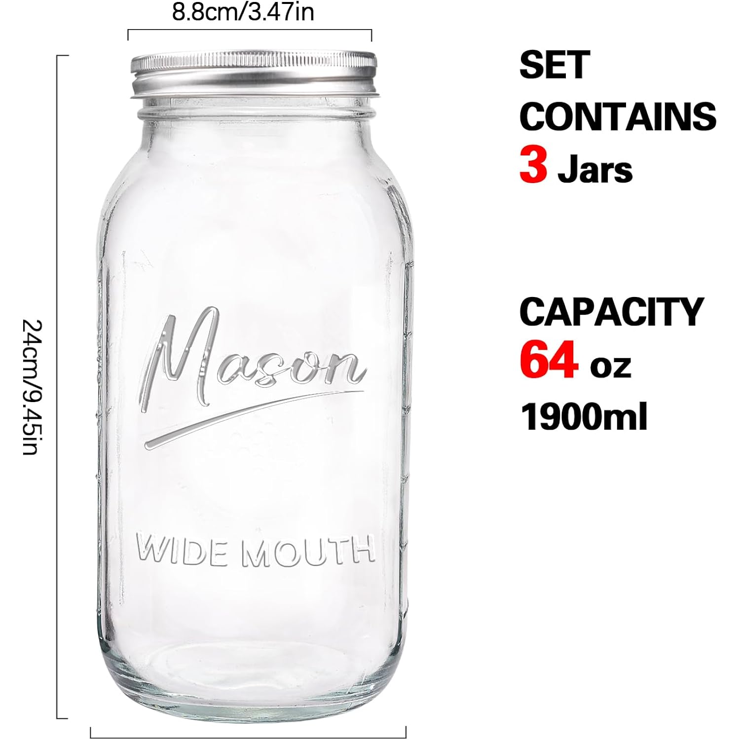 64 oz Mason Jar Wide Mouth,3 Pack Large Half Gallon Mason Jars with Airtight Lid,Big Glass Jars for Canning,Pickling,Fermenting,Storing
