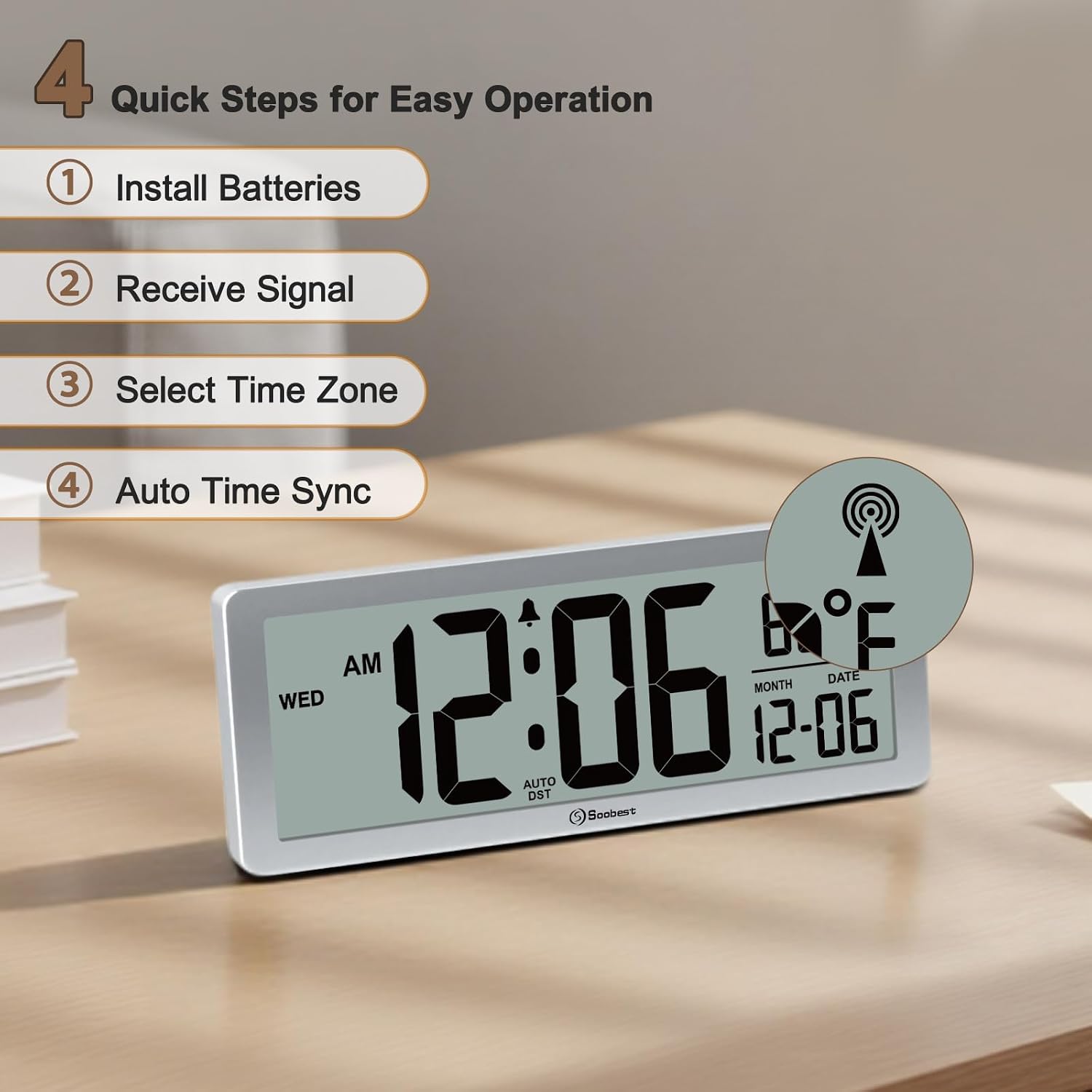 8.5" Atomic Digital Wall Clock, Never Needs Setting, Auto Time Sync, Accurate & Easy To Use Clock With Backlight, Battery Operated, Temperature, Date, Auto Dst, 4 Time Zones(Silver)